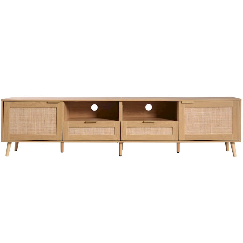 Meuble TV en rotin Roomfitters pour téléviseur de 85 pouces, meuble média style ferme, pieds en bois massif, bois