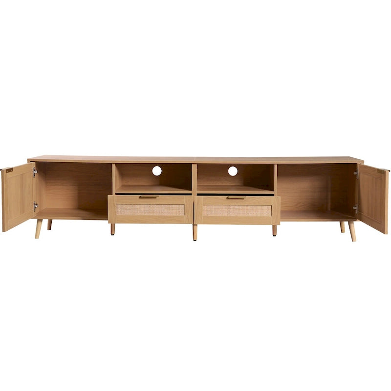 Meuble TV en rotin Roomfitters pour téléviseur de 85 pouces, meuble média style ferme, pieds en bois massif, bois