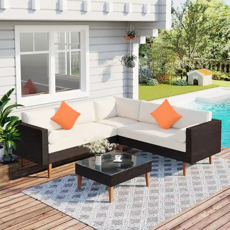 4-Piece L-Shaped Sectional Sofa Set with Table & Colorful Pillows