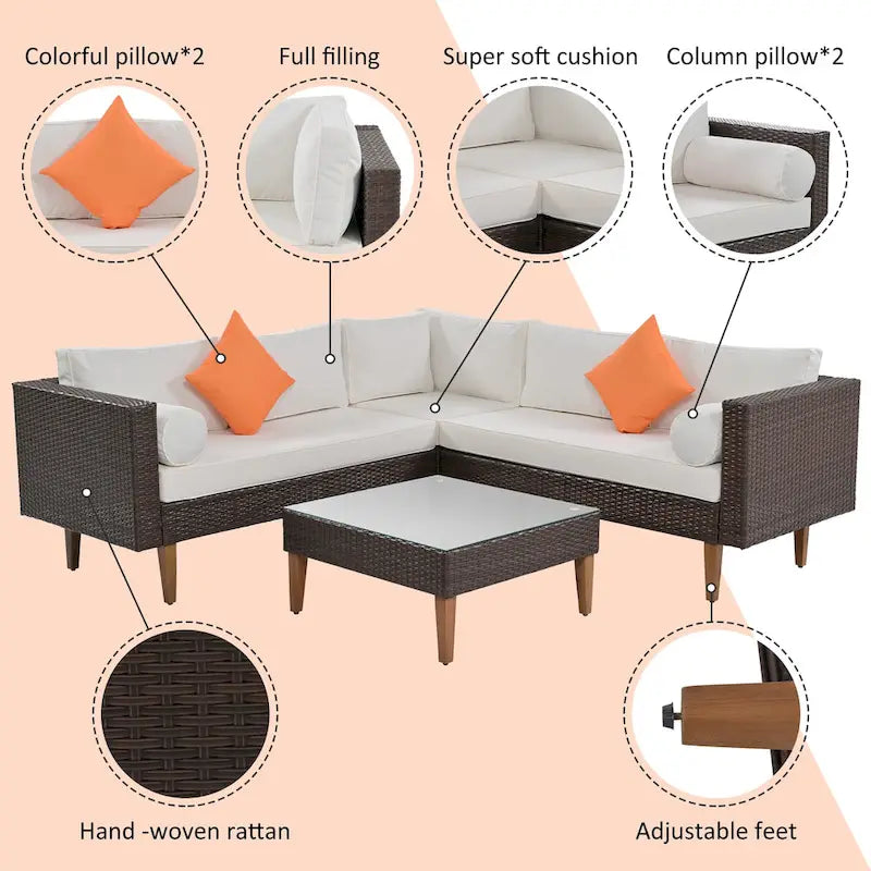 Canapé d'angle 4 places avec table et coussins colorés