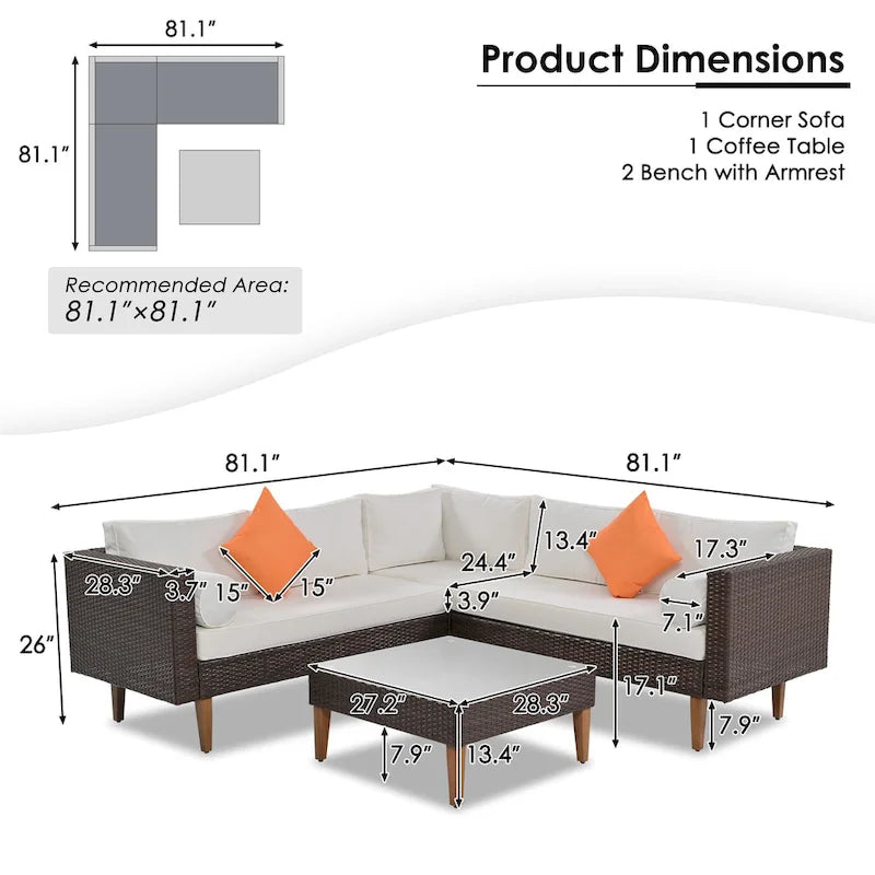 Canapé d'angle 4 places avec table et coussins colorés