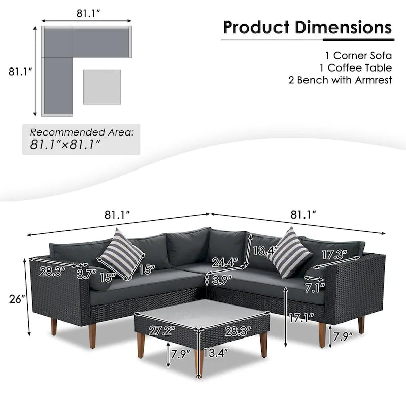 Canapé d'angle 4 places avec table et coussins colorés