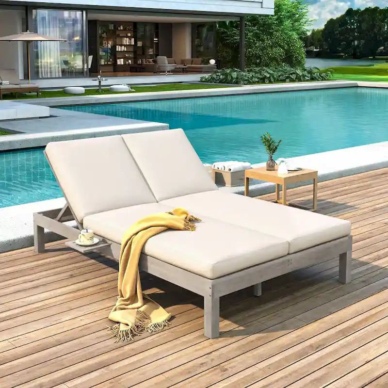 Outdoor Chaise Lounge with Cushion and Folding Side Trays