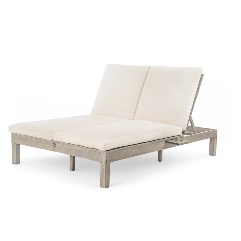 Chaise longue d'extérieur avec coussin et plateaux latéraux pliants