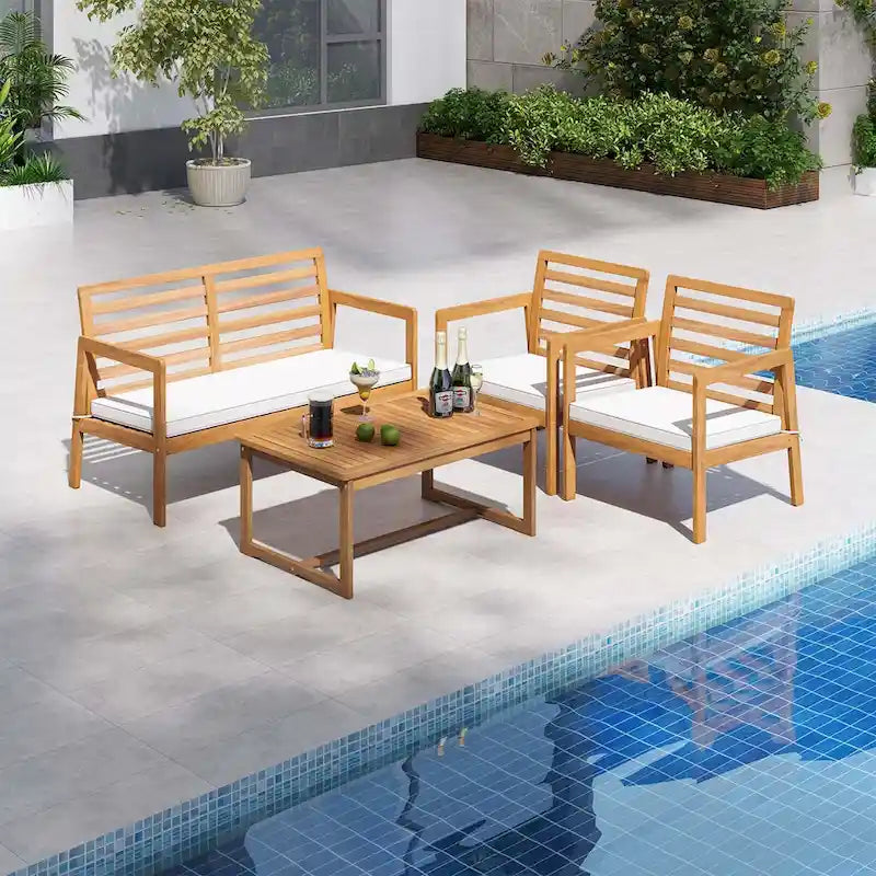 Costway Ensemble de Meubles de Jardin 4 pièces en Bois avec Coussins Souples – Voir les détails