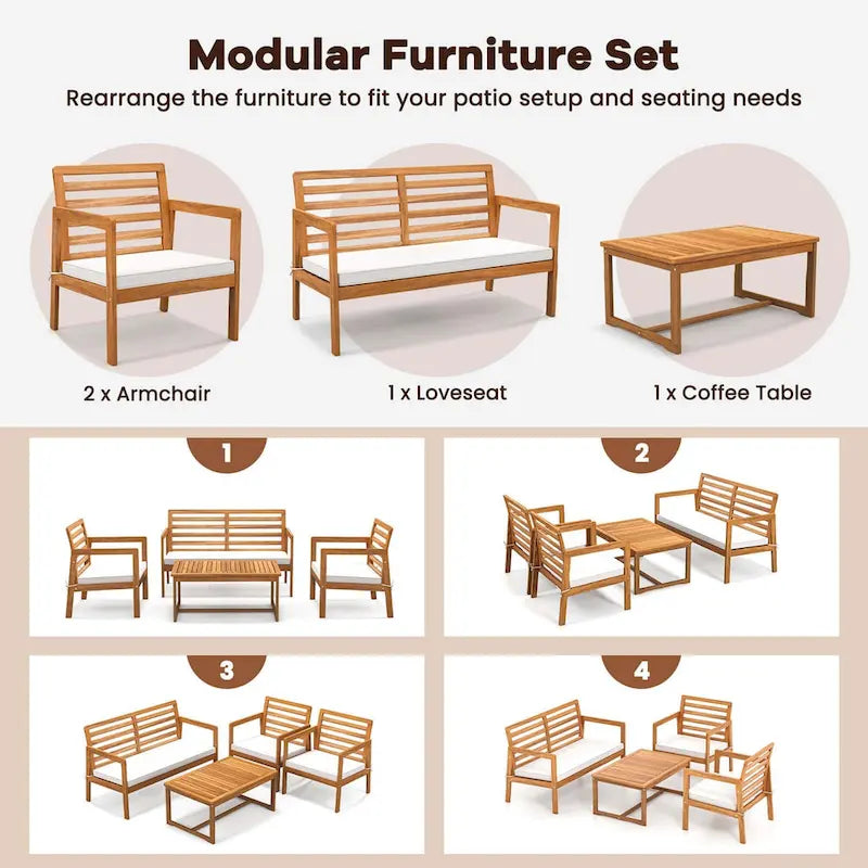 Costway Ensemble de Meubles de Jardin 4 pièces en Bois avec Coussins Souples – Voir les détails