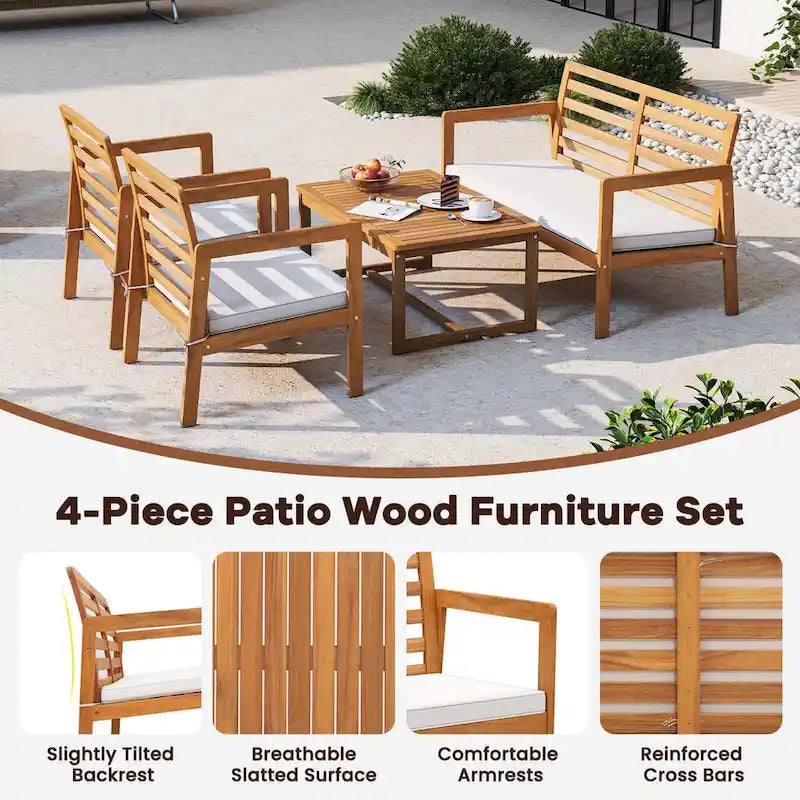 Costway Ensemble de Meubles de Jardin 4 pièces en Bois avec Coussins Souples – Voir les détails