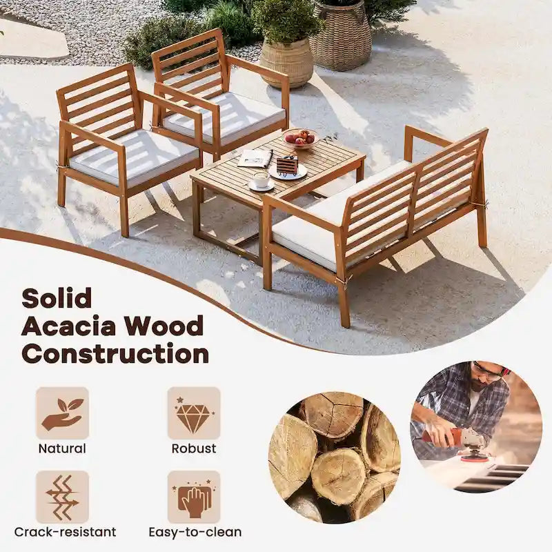 Costway Ensemble de Meubles de Jardin 4 pièces en Bois avec Coussins Souples – Voir les détails