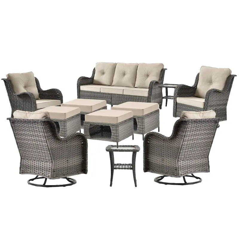 Mobilier de patio - Ensemble de 11 meubles de patio en osier avec fauteuils pivotants