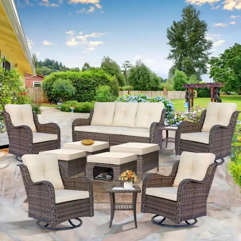 Mobilier de patio - Ensemble de 11 meubles de patio en osier avec fauteuils pivotants