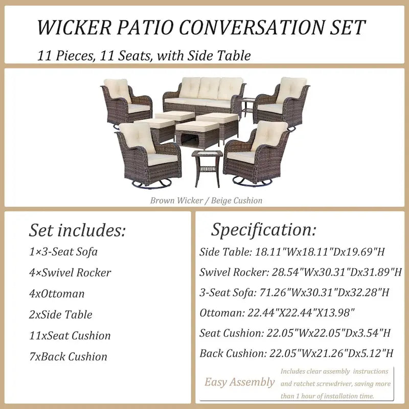 Mobilier de patio - Ensemble de 11 meubles de patio en osier avec fauteuils pivotants
