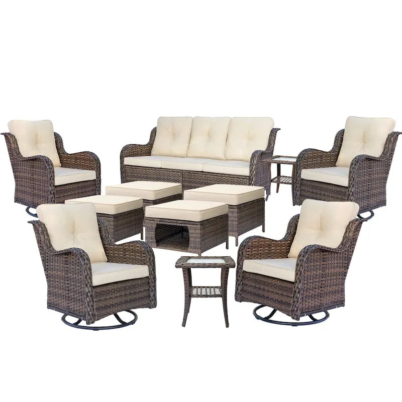Mobilier de patio - Ensemble de 11 meubles de patio en osier avec fauteuils pivotants