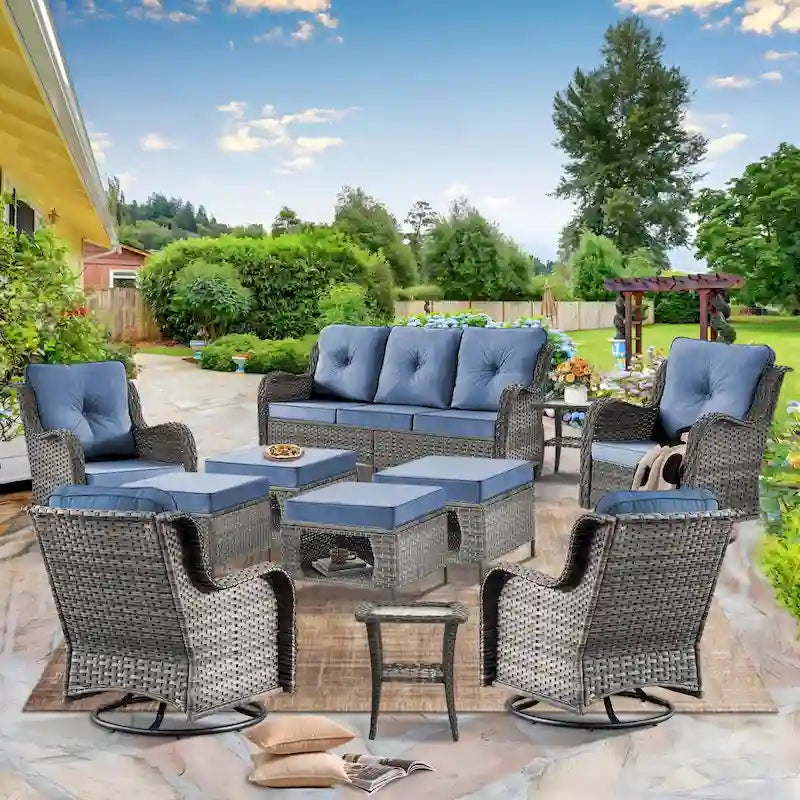 Mobilier de patio - Ensemble de 11 meubles de patio en osier avec fauteuils pivotants