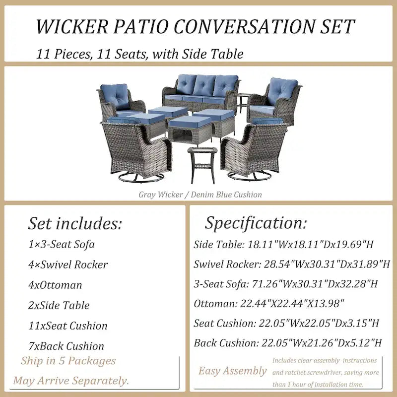 Mobilier de patio - Ensemble de 11 meubles de patio en osier avec fauteuils pivotants