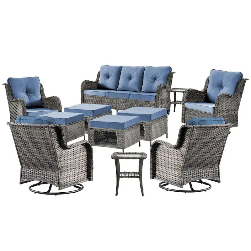 Mobilier de patio - Ensemble de 11 meubles de patio en osier avec fauteuils pivotants