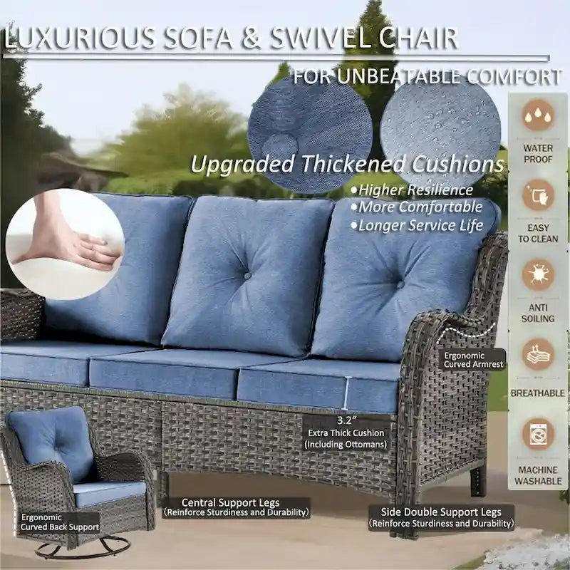 Mobilier de patio - Ensemble de 11 meubles de patio en osier avec fauteuils pivotants