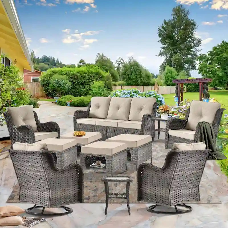 Mobilier de patio - Ensemble de 11 meubles de patio en osier avec fauteuils pivotants