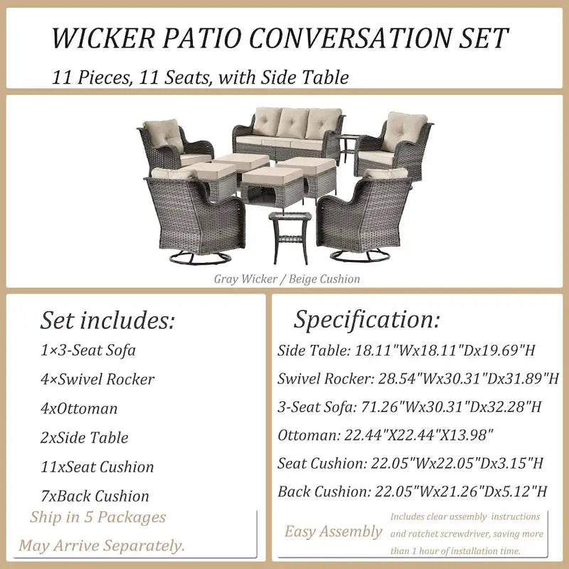 Mobilier de patio - Ensemble de 11 meubles de patio en osier avec fauteuils pivotants