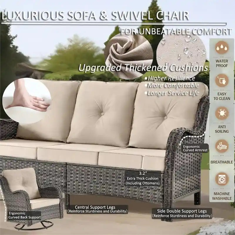 Mobilier de patio - Ensemble de 11 meubles de patio en osier avec fauteuils pivotants
