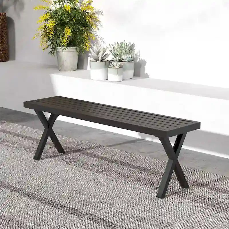 Banc de patio Costway 1/2 pièce(s) de 54 po en métal avec assise à lattes et pieds en X