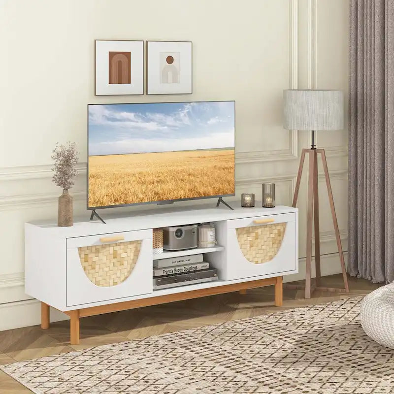 Meuble TV Costway pour téléviseurs 55 pouces avec 2 tiroirs et façades en bambou tressé - Voir détails