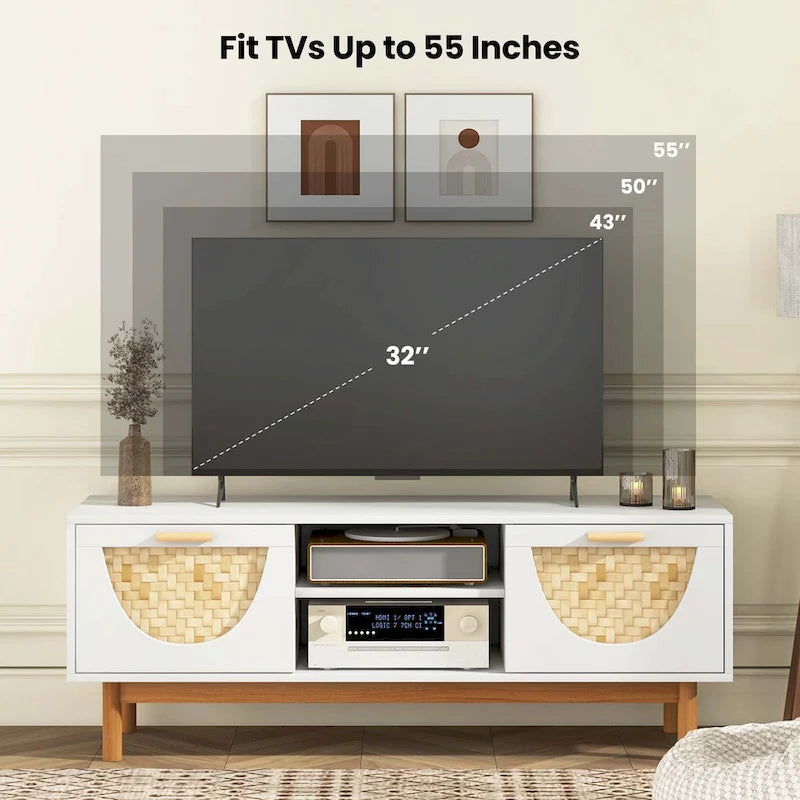 Meuble TV Costway pour téléviseurs 55 pouces avec 2 tiroirs et façades en bambou tressé - Voir détails