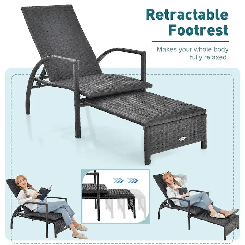 Gymax Chaise longue d'extérieur en rotin avec repose-pieds rétractable pour