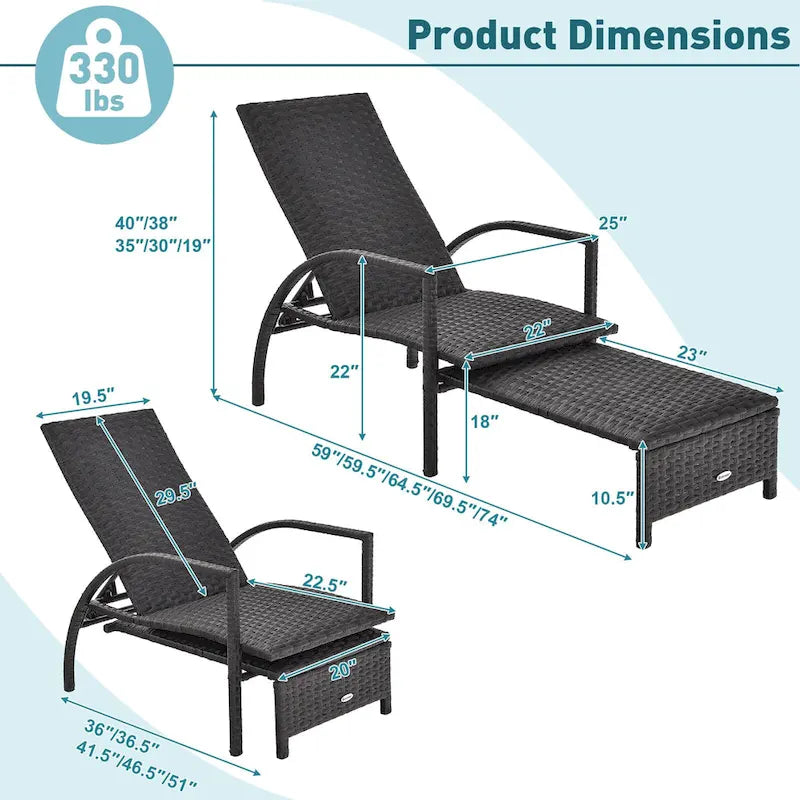 Gymax Chaise longue d'extérieur en rotin avec repose-pieds rétractable pour