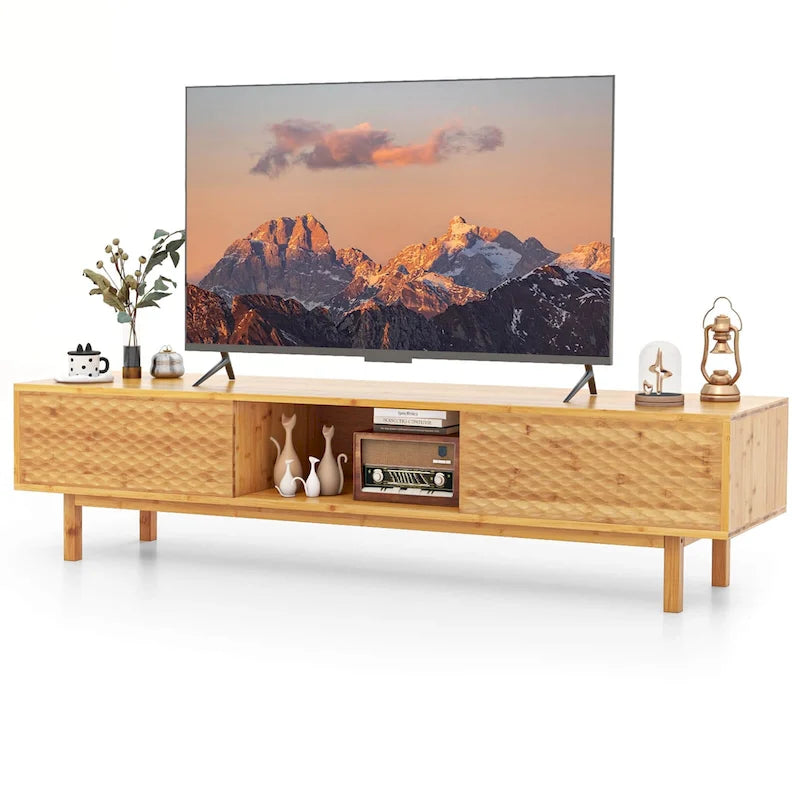 Meuble TV Costway 63 en bambou avec 3 cubes de rangement et portes coulissantes - Voir détails