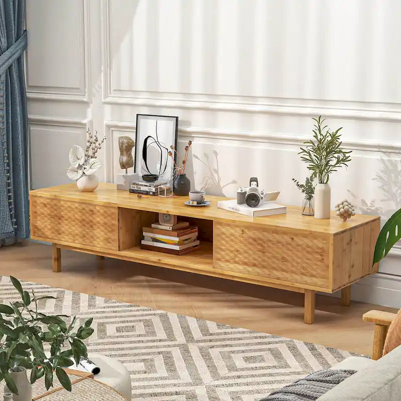 Meuble TV Costway 63 en bambou avec 3 cubes de rangement et portes coulissantes - Voir détails