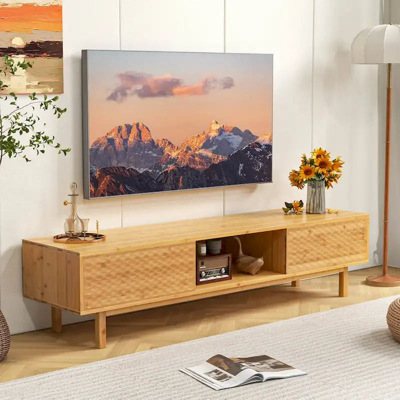 Meuble TV Costway 63 en bambou avec 3 cubes de rangement et portes coulissantes - Voir détails