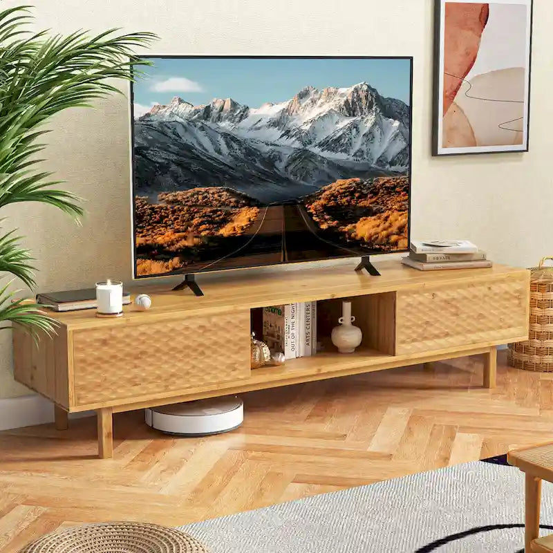 Meuble TV Costway 63 en bambou avec 3 cubes de rangement et portes coulissantes - Voir détails