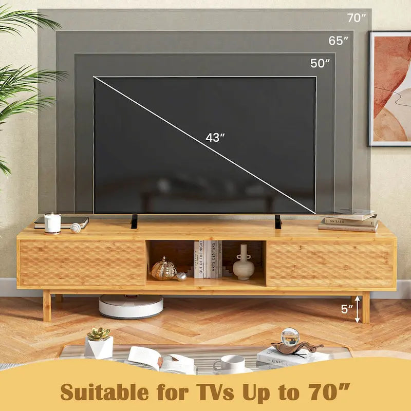 Meuble TV Costway 63 en bambou avec 3 cubes de rangement et portes coulissantes - Voir détails