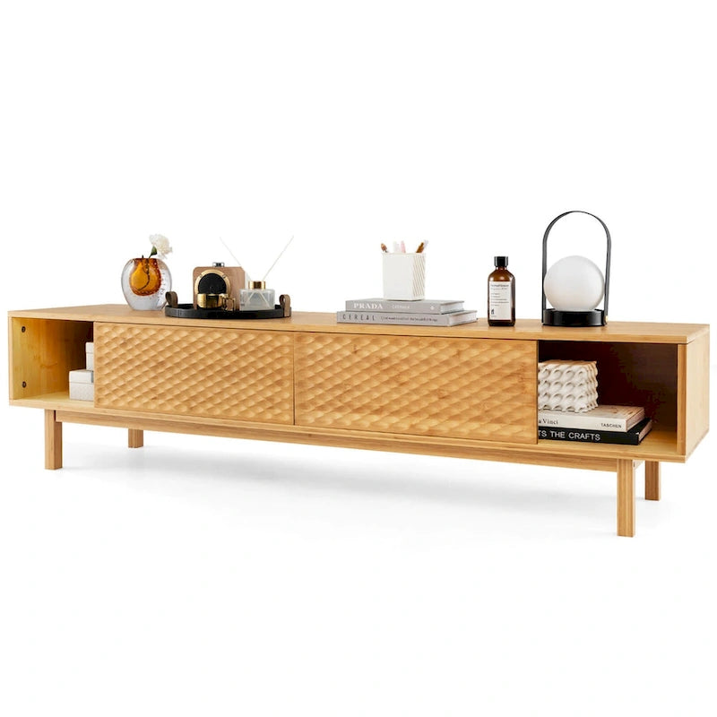 Meuble TV Costway 63 en bambou avec 3 cubes de rangement et portes coulissantes - Voir détails