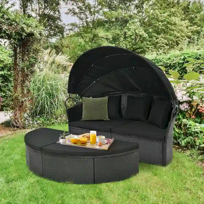 Lit de jour rond Costway pour patio avec auvent rétractable en rotin - Voir les détails