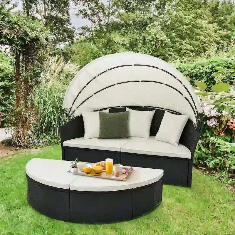 Lit de jour rond Costway pour patio avec auvent rétractable en rotin - Voir les détails