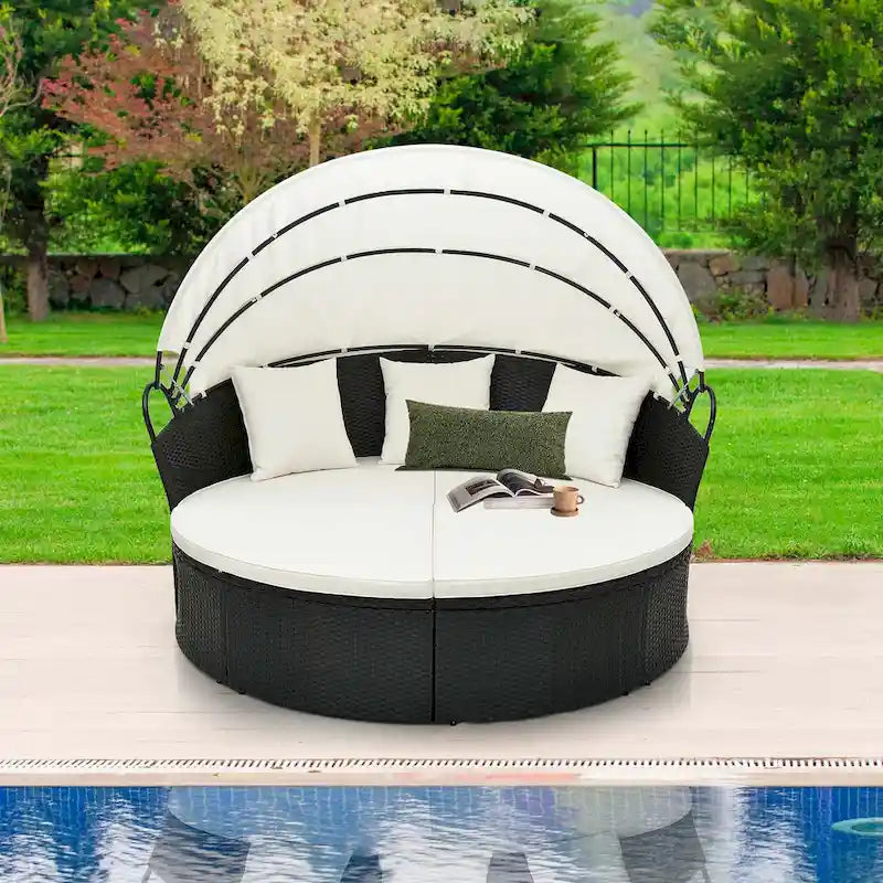 Lit de jour rond Costway pour patio avec auvent rétractable en rotin - Voir les détails