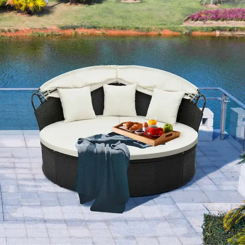 Lit de jour rond Costway pour patio avec auvent rétractable en rotin - Voir les détails