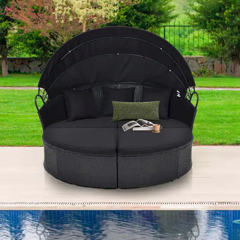 Lit de jour rond Costway pour patio avec auvent rétractable en rotin - Voir les détails