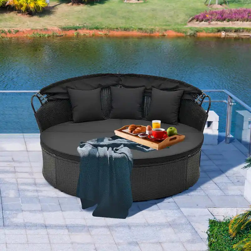 Lit de jour rond Costway pour patio avec auvent rétractable en rotin - Voir les détails