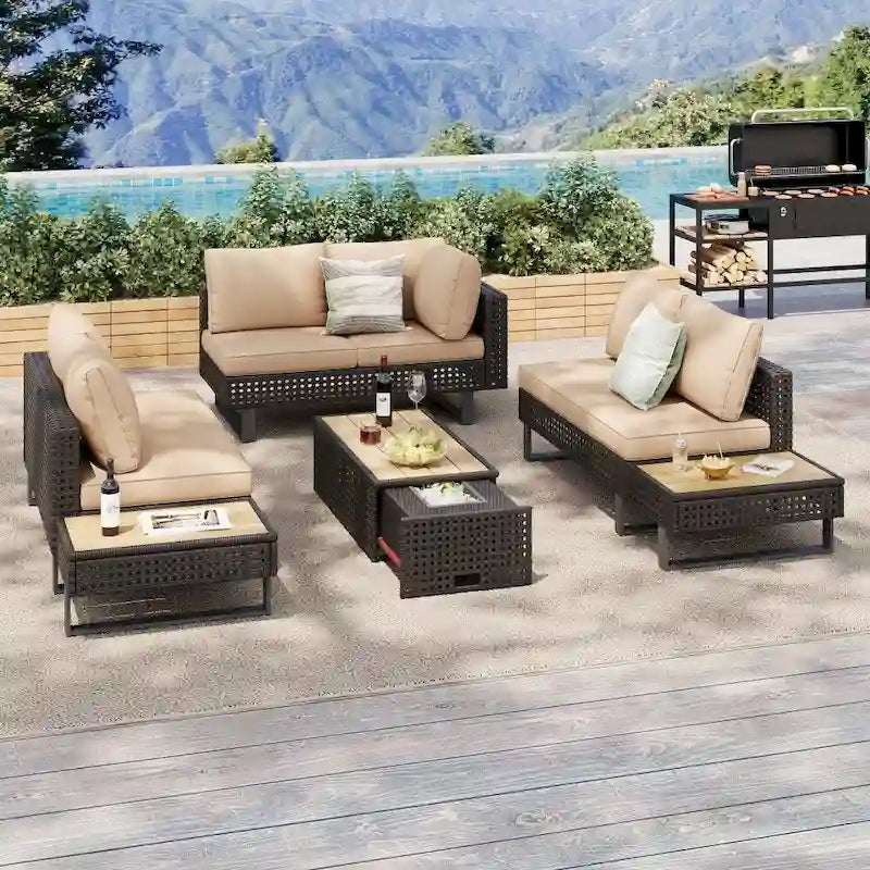 Ensemble de meubles de patio sectionnels tressés 5 pièces avec table basse extensible et seau à glace