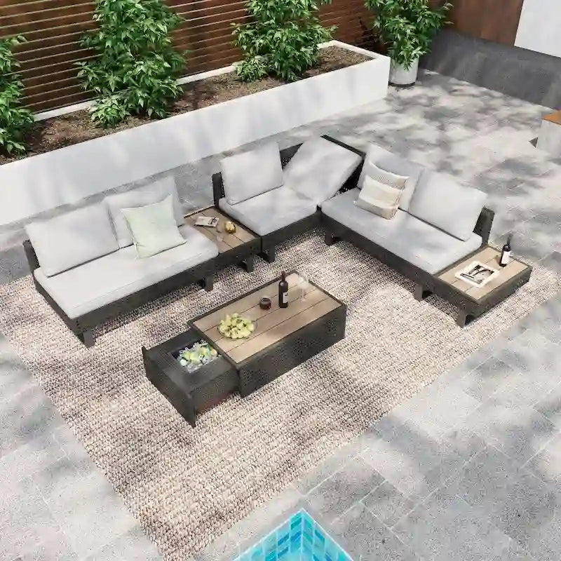 5-Piece Weave Patio Sectional Furniture Set with Extendable Coffee Table with Ice Bucket