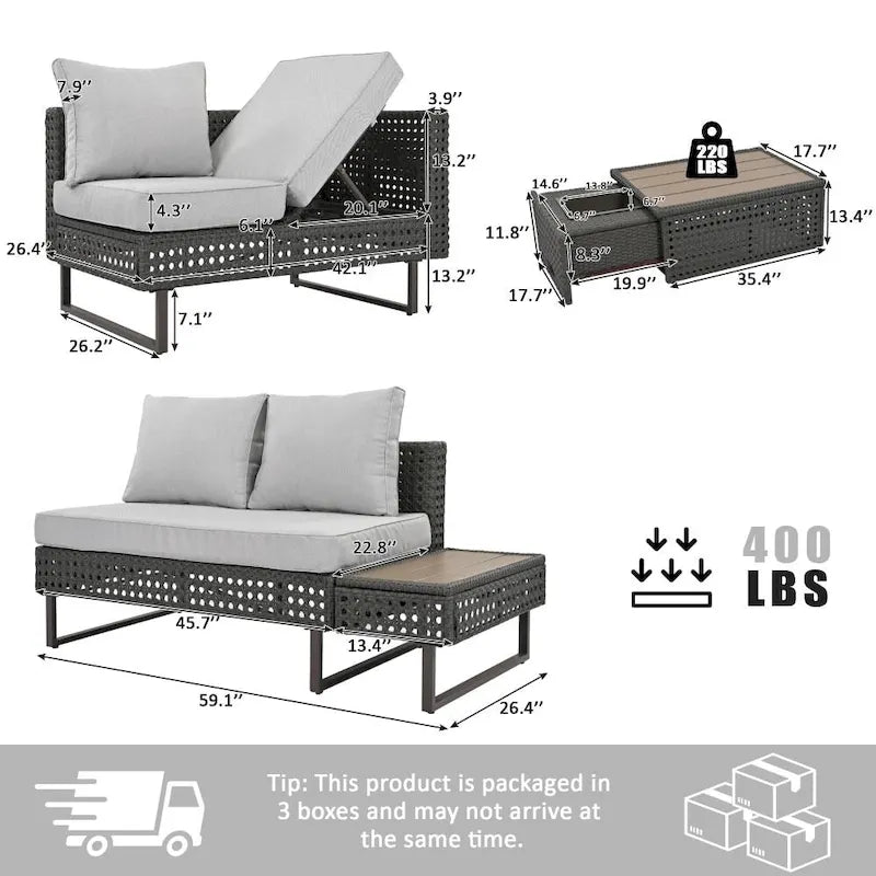 Ensemble de meubles de patio sectionnels tressés 5 pièces avec table basse extensible et seau à glace