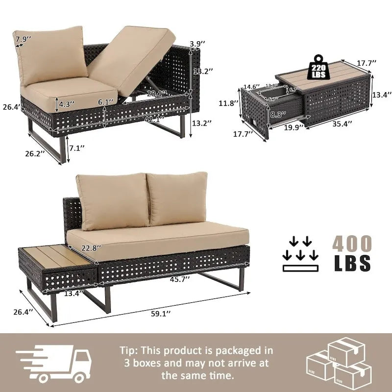Ensemble de meubles de patio sectionnels tressés 5 pièces avec table basse extensible et seau à glace