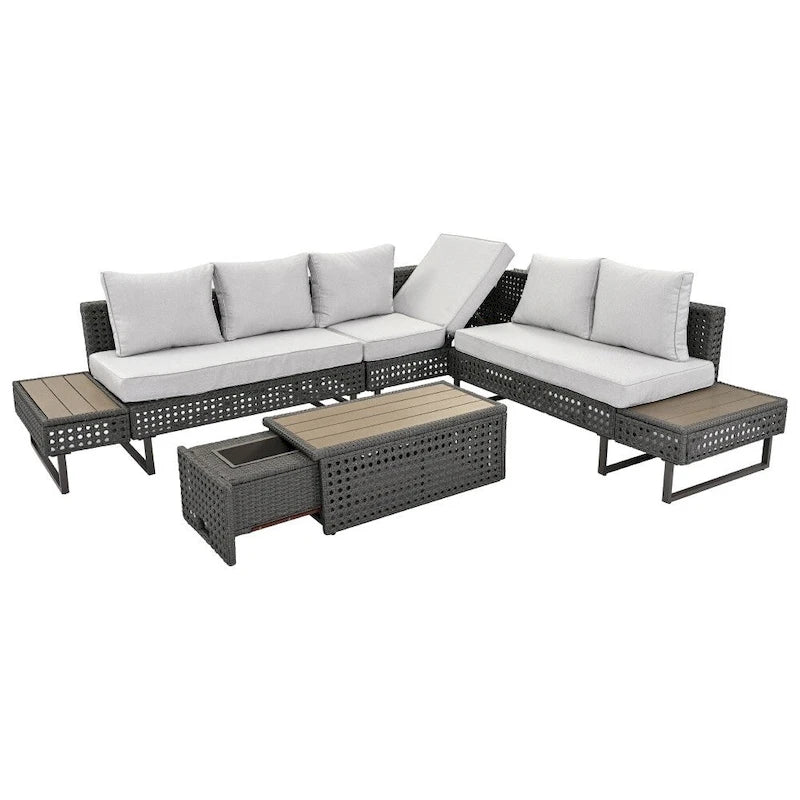 Ensemble de meubles de patio sectionnels tressés 5 pièces avec table basse extensible et seau à glace