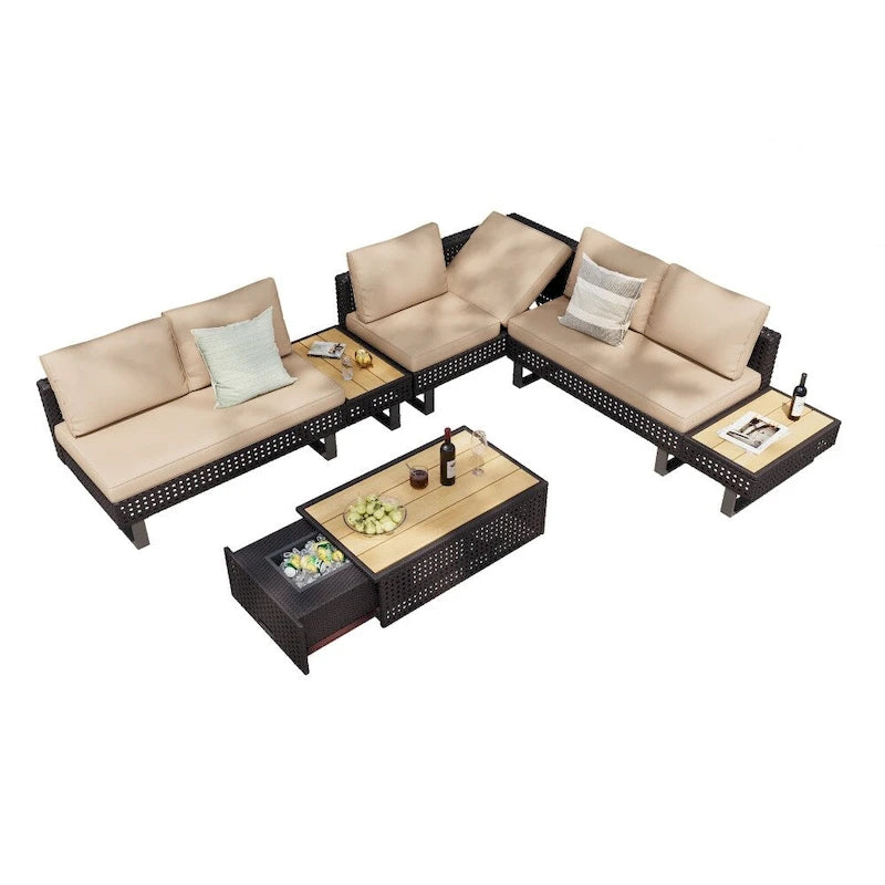 Ensemble de meubles de patio sectionnels tressés 5 pièces avec table basse extensible et seau à glace