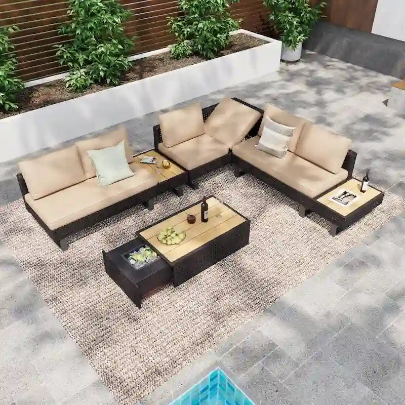 Ensemble de meubles de patio sectionnels tressés 5 pièces avec table basse extensible et seau à glace