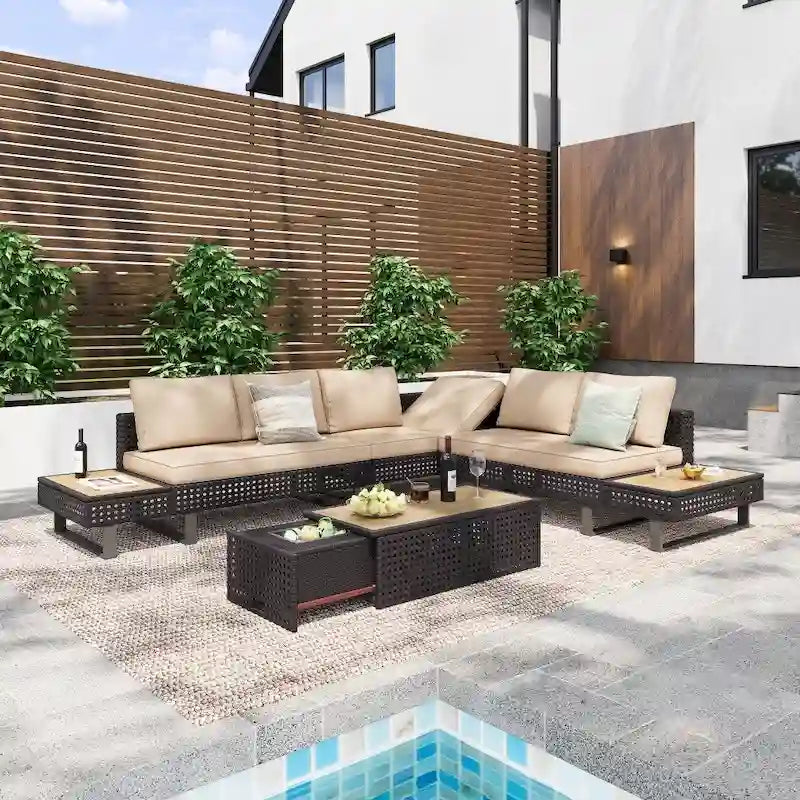 Ensemble de meubles de patio sectionnels tressés 5 pièces avec table basse extensible et seau à glace