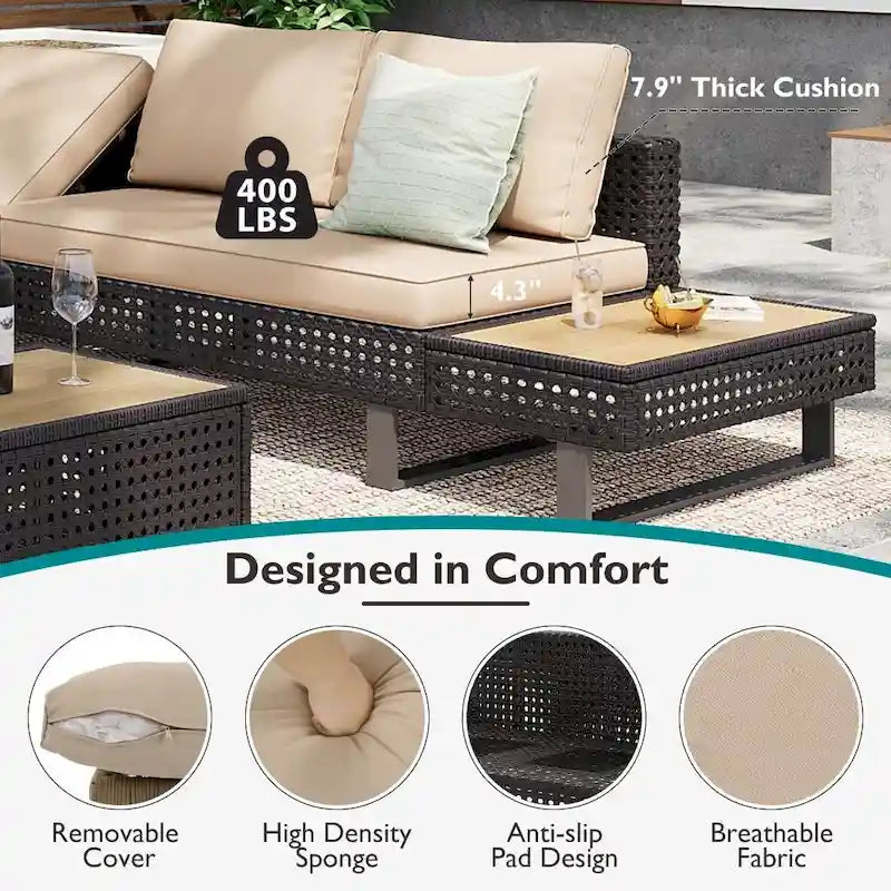 Ensemble de meubles de patio sectionnels tressés 5 pièces avec table basse extensible et seau à glace