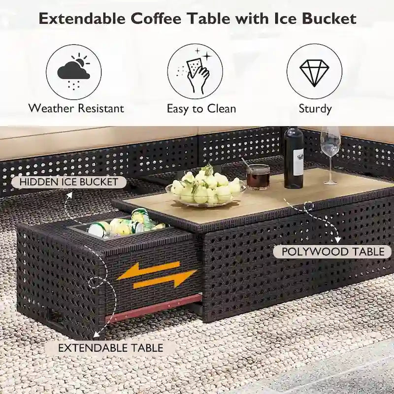 Ensemble de meubles de patio sectionnels tressés 5 pièces avec table basse extensible et seau à glace